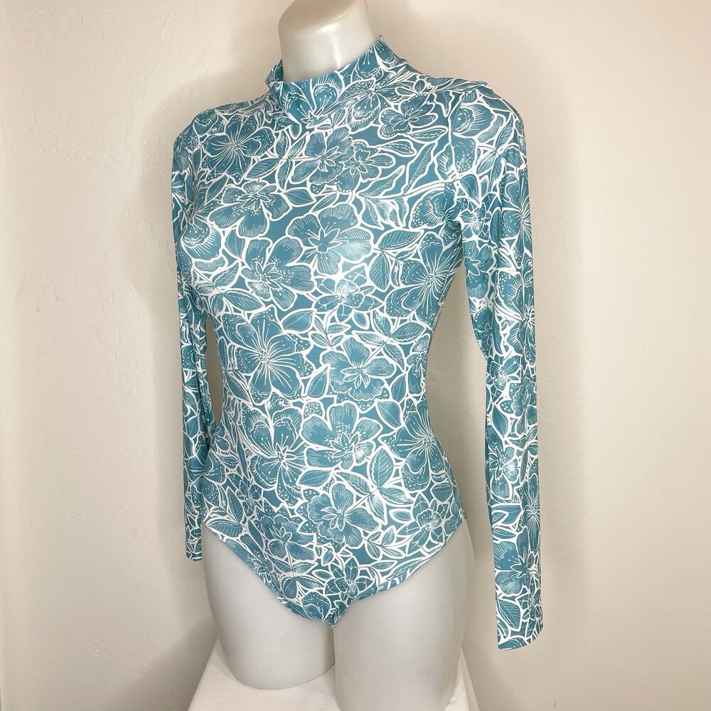 Citrine Riley Long Sleeve One Piece Swimsuit Womens Medium Aqua Blue Floral Zip